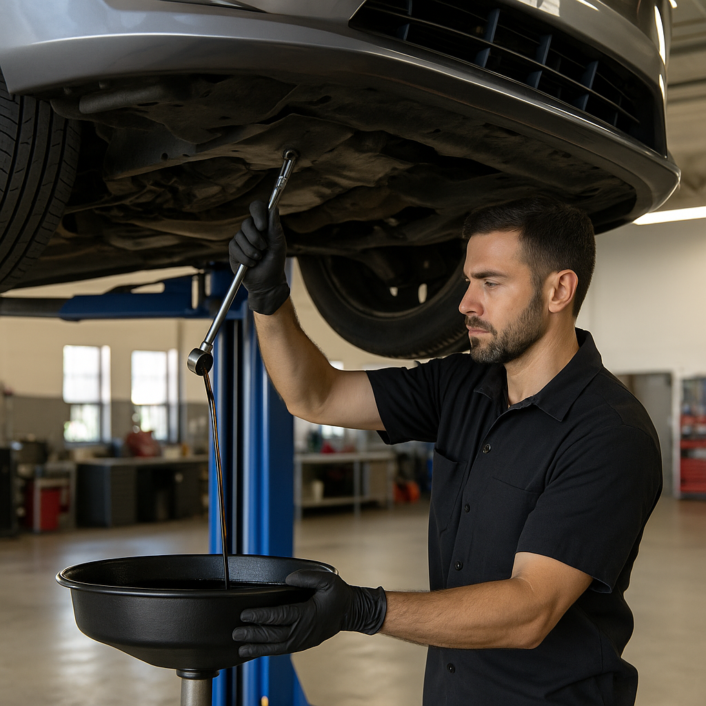 technician draining engine oil during a professional oil change service