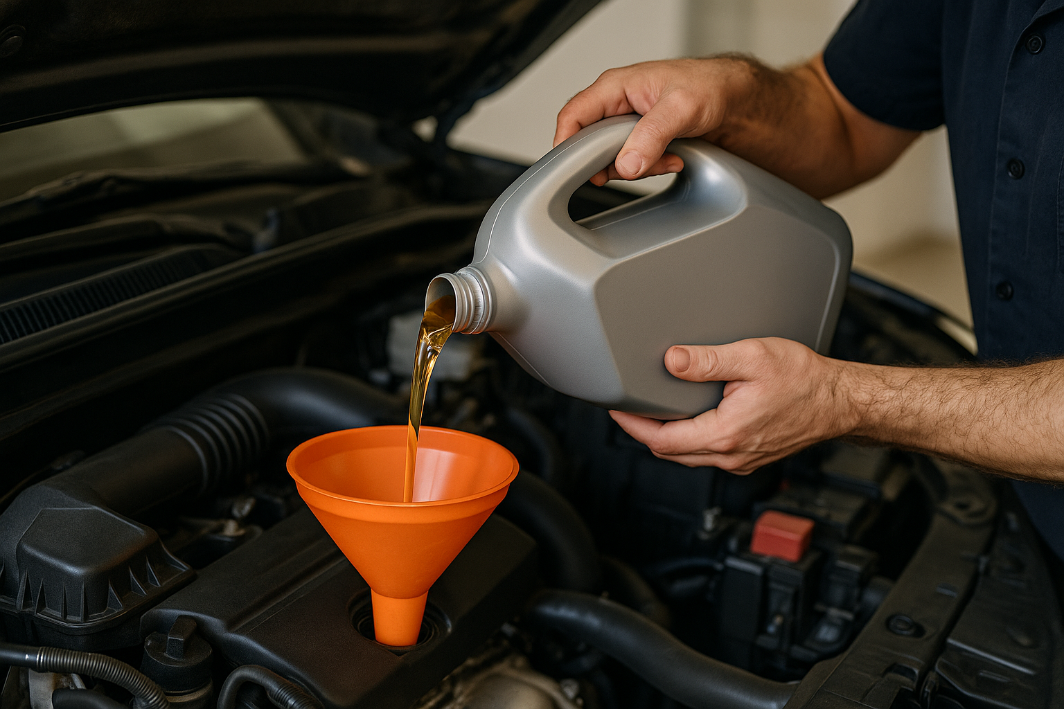 adding fresh motor oil with a funnel during an oil change service
