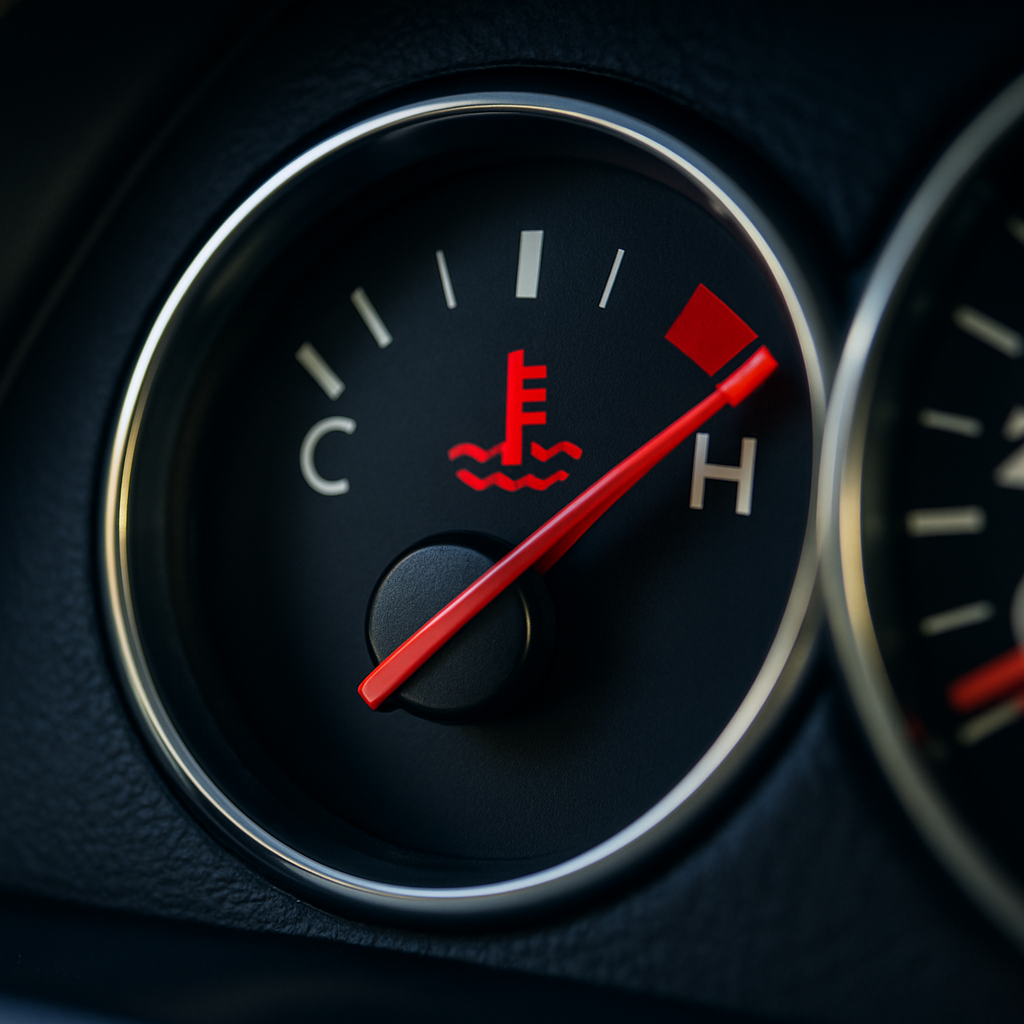 Car dashboard temperature gauge showing the engine overheating, with the needle near the red hot zone.
