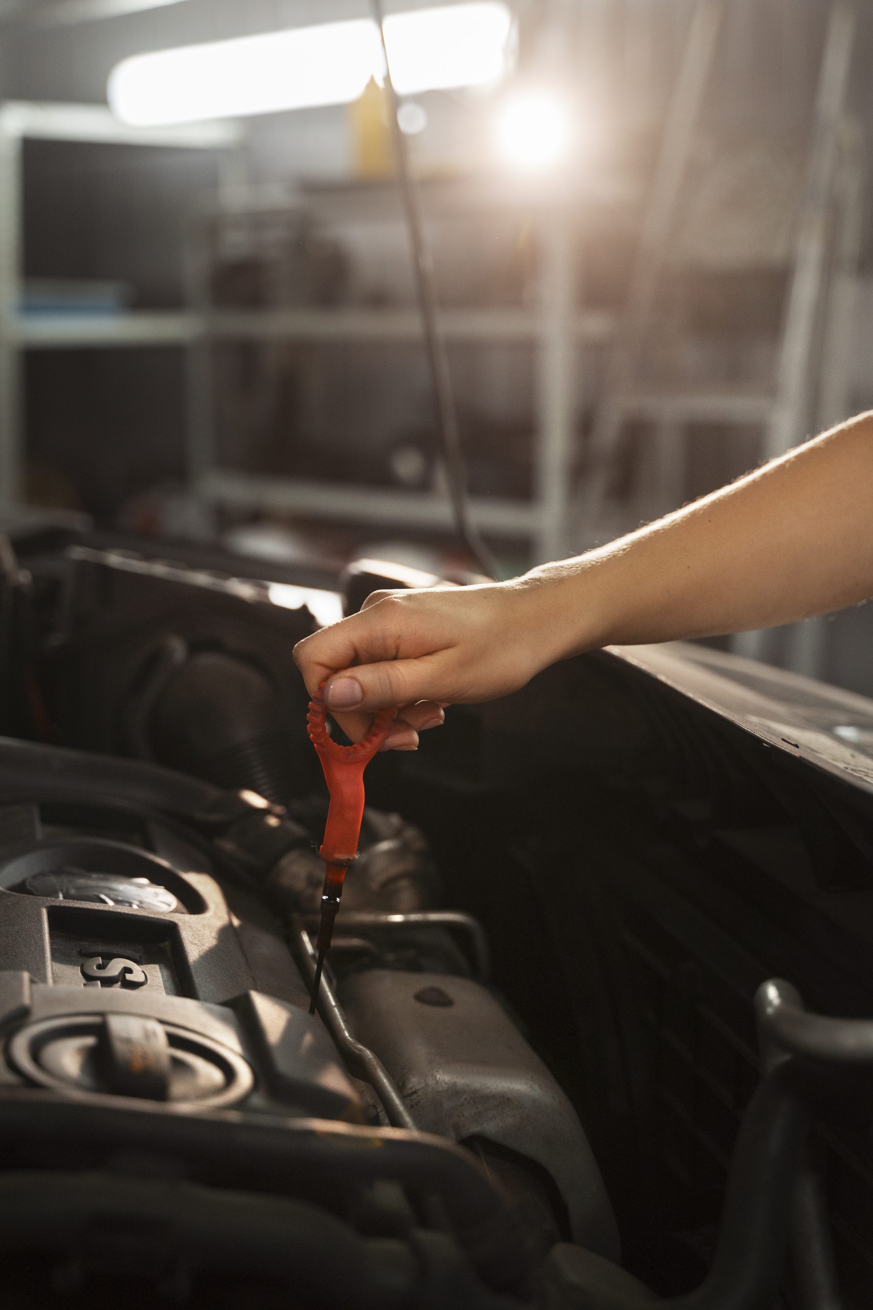 Mechanic inspecting engine components during a vehicle tune-up